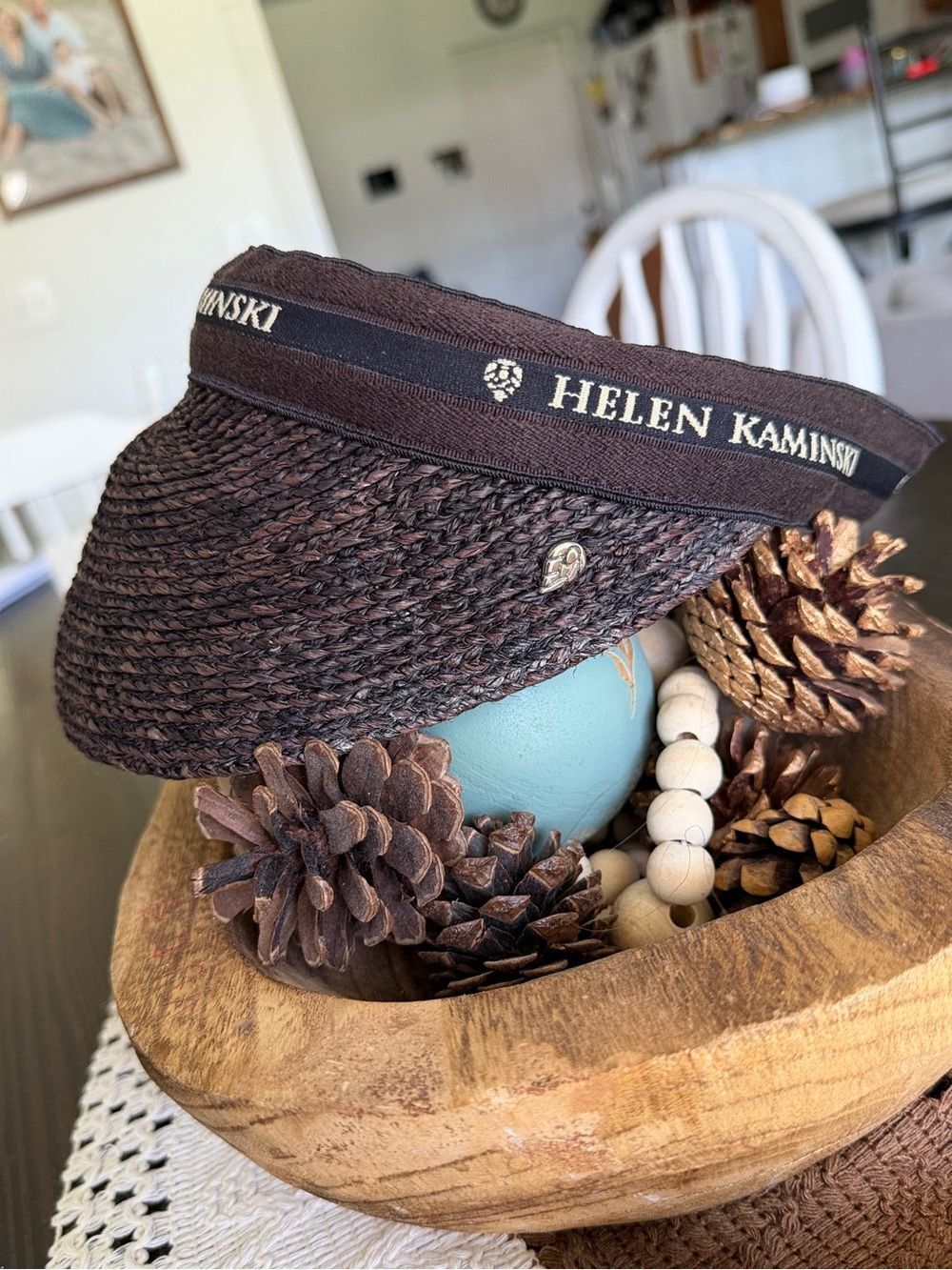 Helen Kaminski Chocolate Brown & Black Bianca Raffia Braid Visor Hat - Picture 2 of 10